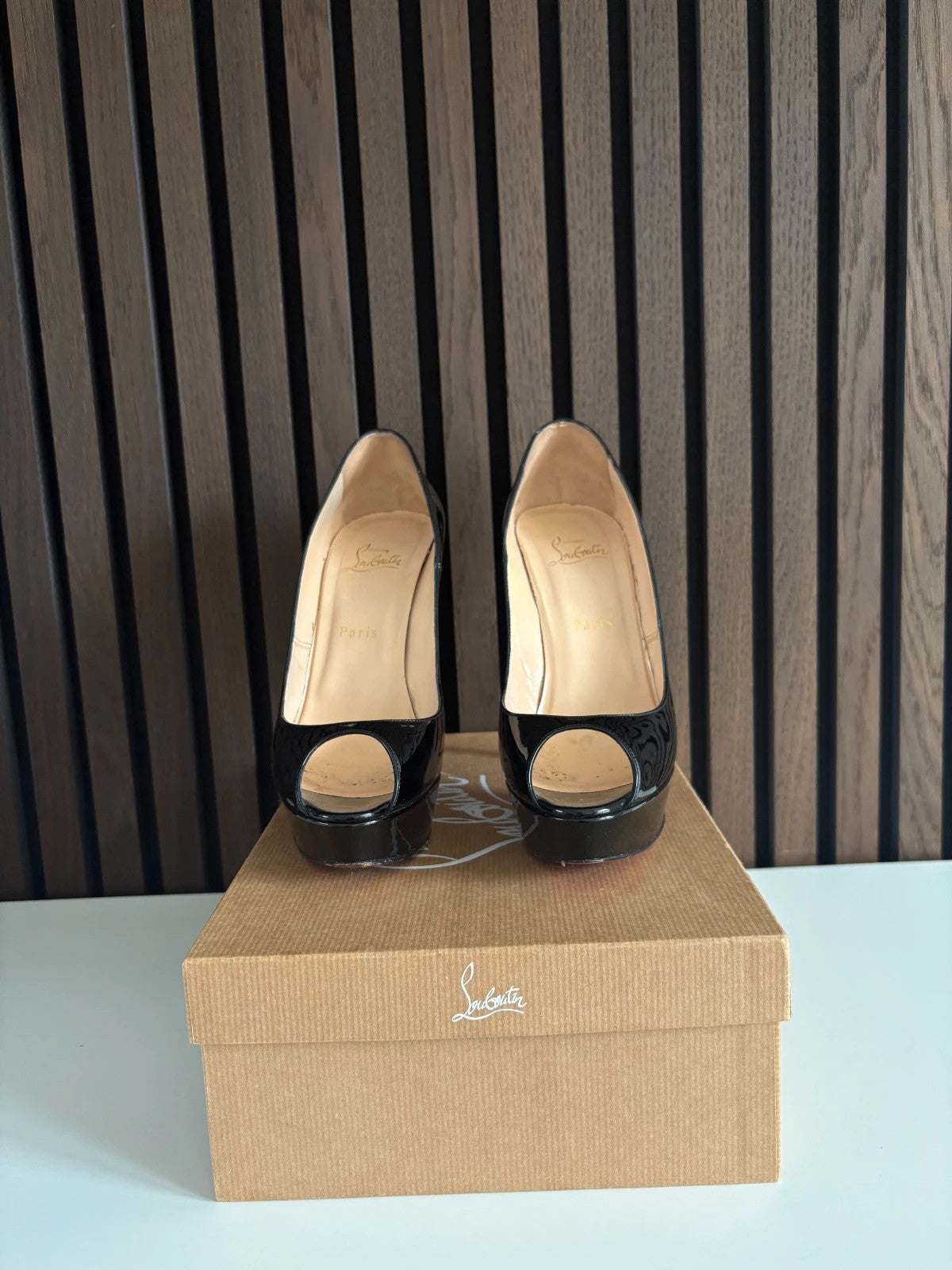 Christian Louboutin Banana Black (image 4) Christian Louboutin Banana 140 Black Patent Leather Prive Heels - red sole detail
