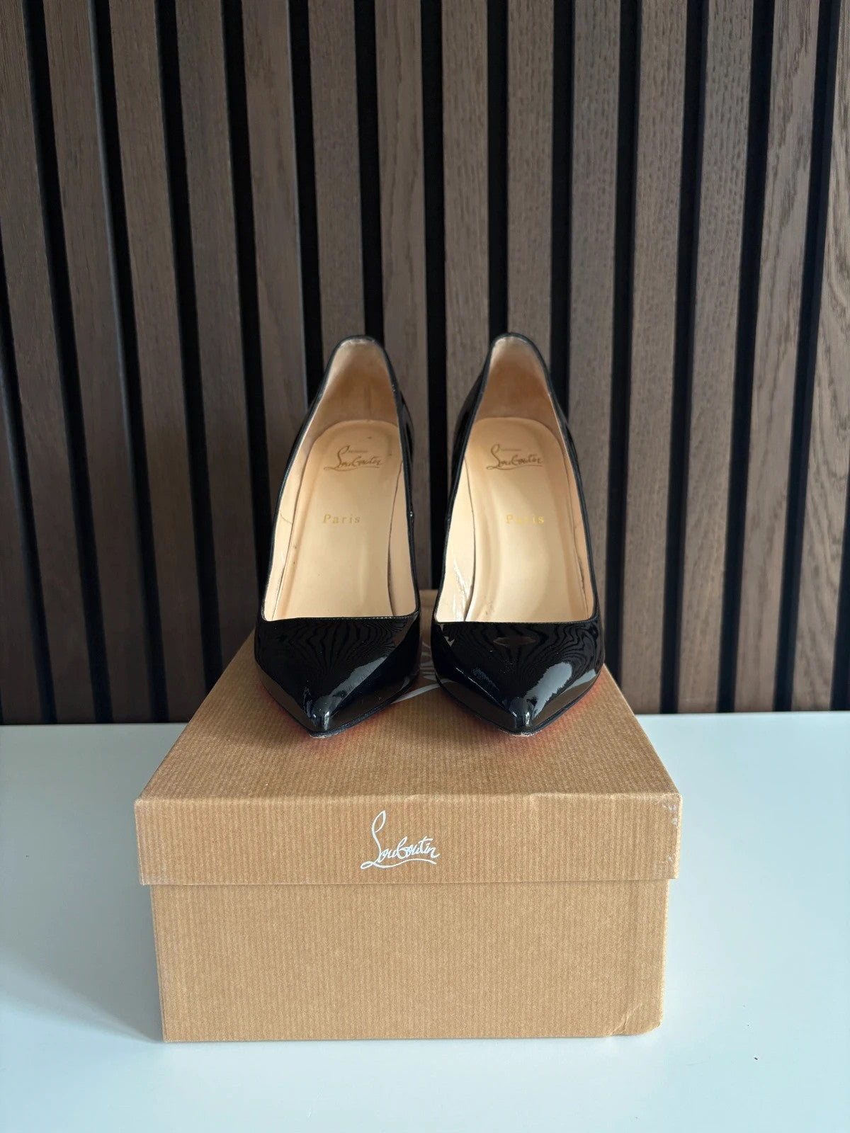 Christian Louboutin Batignolles Black (image 3) Christian Louboutin Batignolles 100 Black Patent Leather Heels - detail view