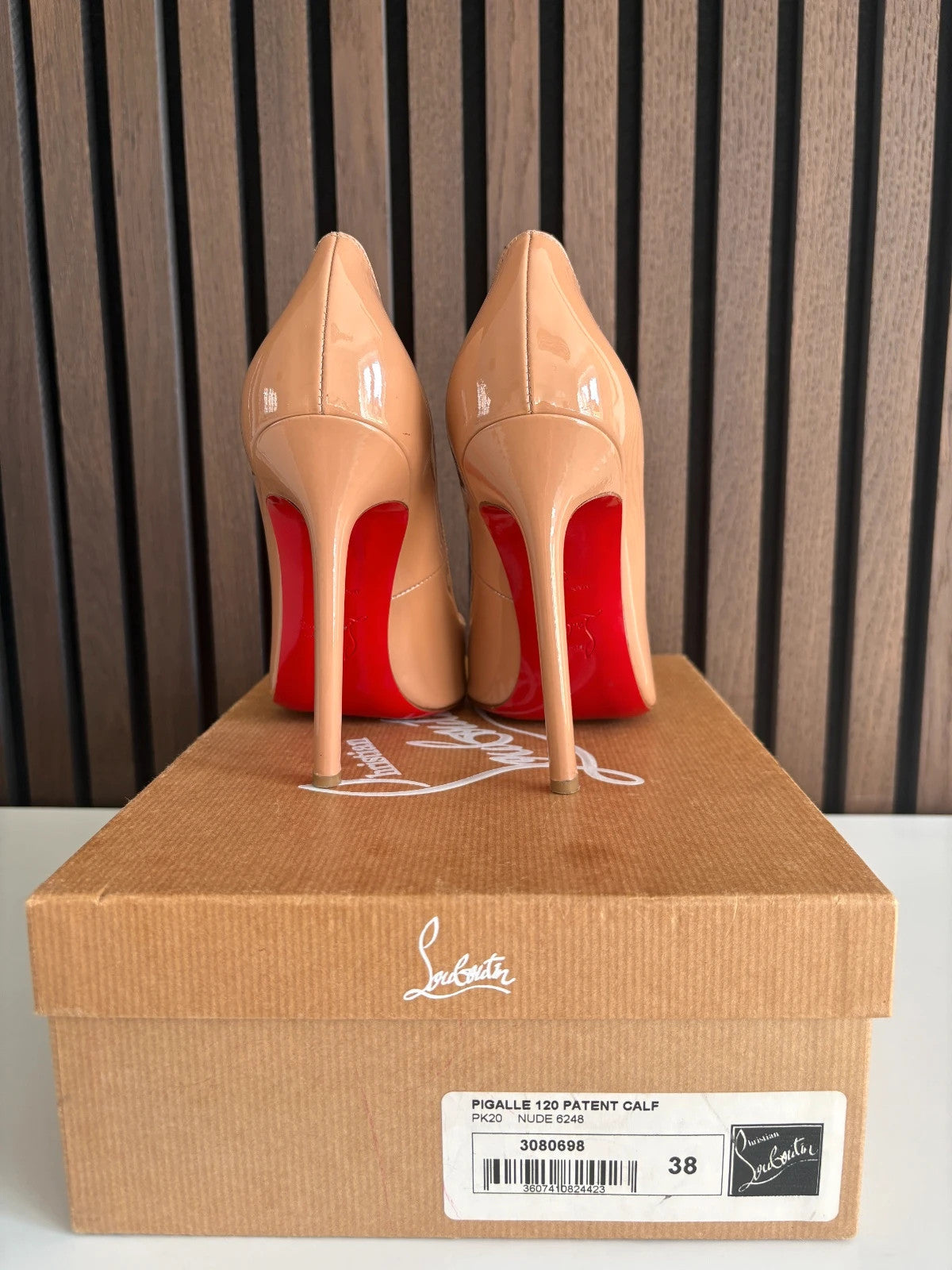 Christian Louboutin Pigalle Nude (image 3) Christian Louboutin Pigalle 120 Nude Patent Leather Heels - detail view