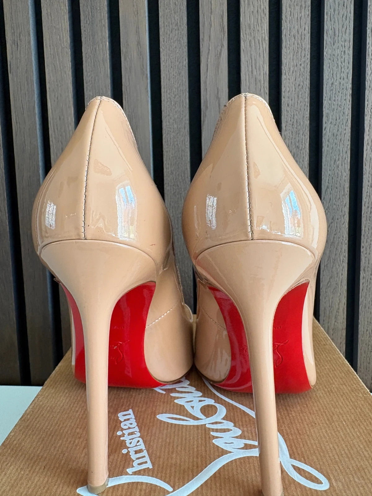 Christian Louboutin Pigalle Nude (image 4) Christian Louboutin Pigalle 120 Nude Patent Leather Heels - red sole detail