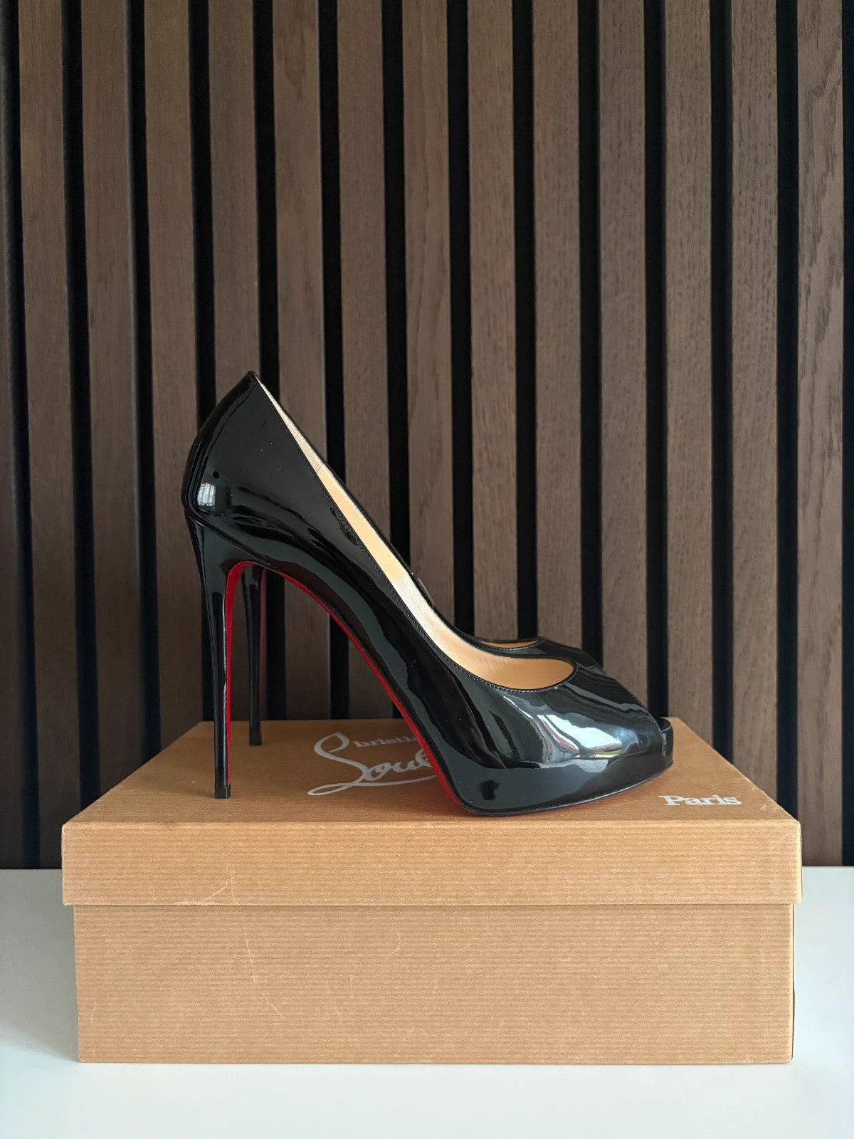 Christian Louboutin Very Prive Black (image 4) Christian Louboutin Very Prive 120 Black Patent Leather Platform Heels - red sole detail