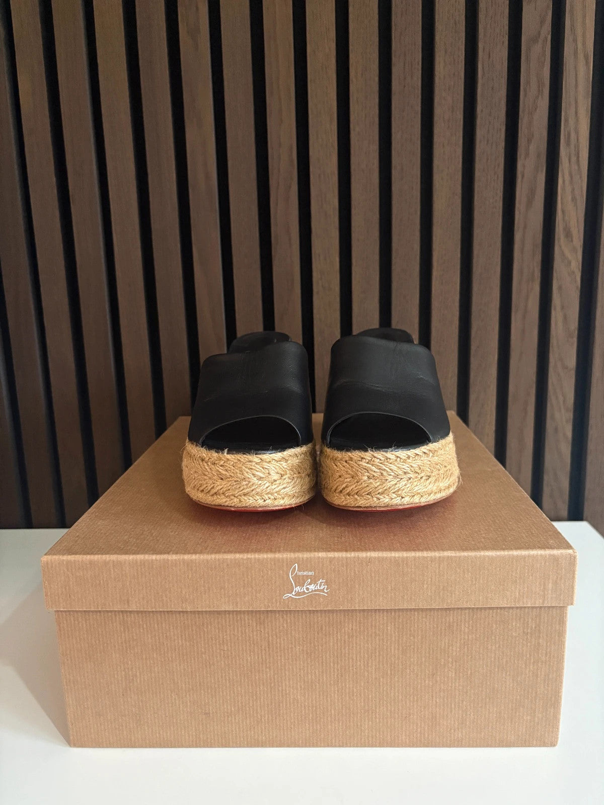Christian Louboutin Calakala Black (image 4) Christian Louboutin Calakala 85 Mules Black Leather Espadrille Platform Heels - red sole detail