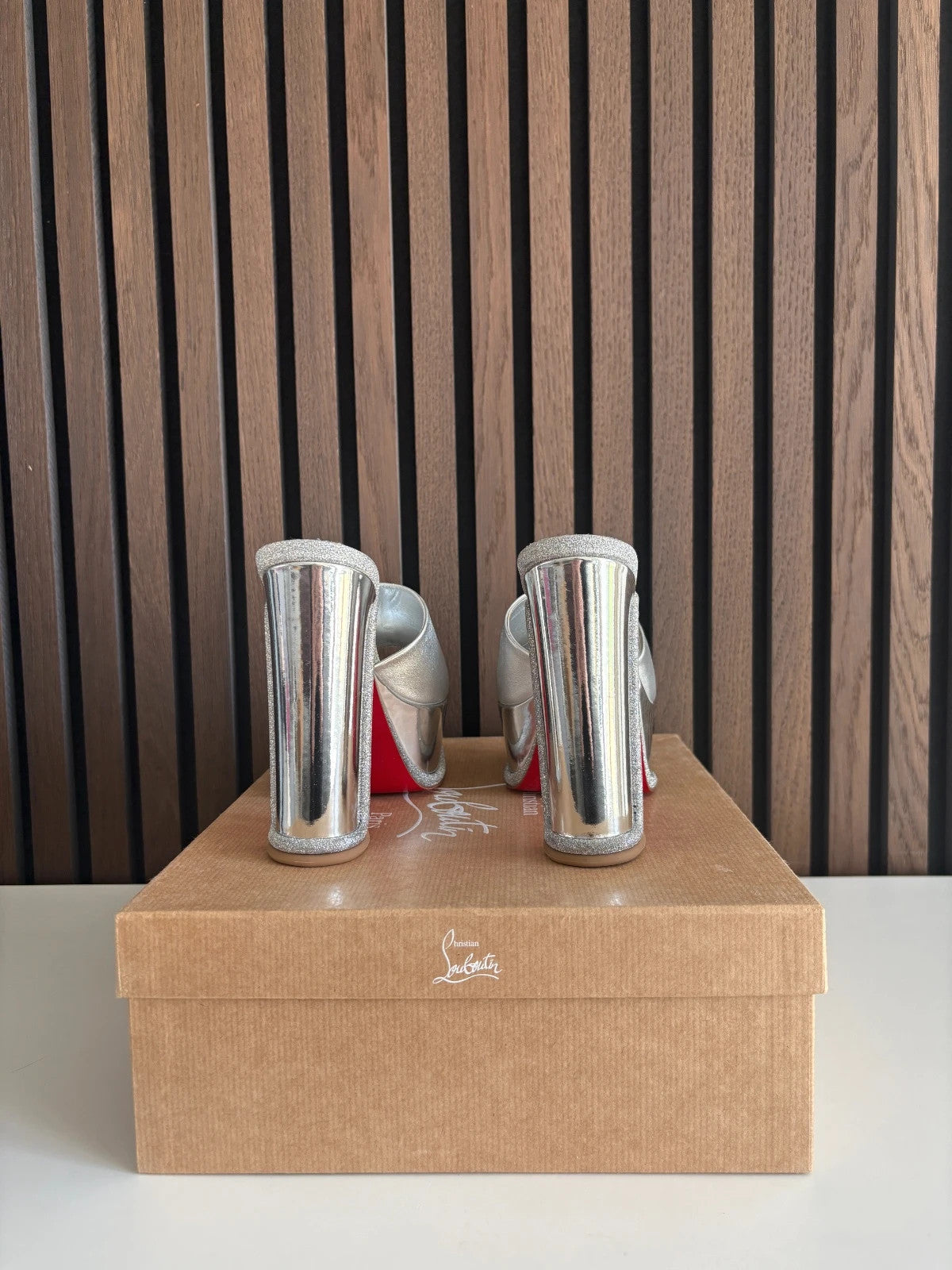Christian Louboutin Amali Alta Silver (image 5) Christian Louboutin Amali Alta 130 Mule Platform Heels - heel and construction