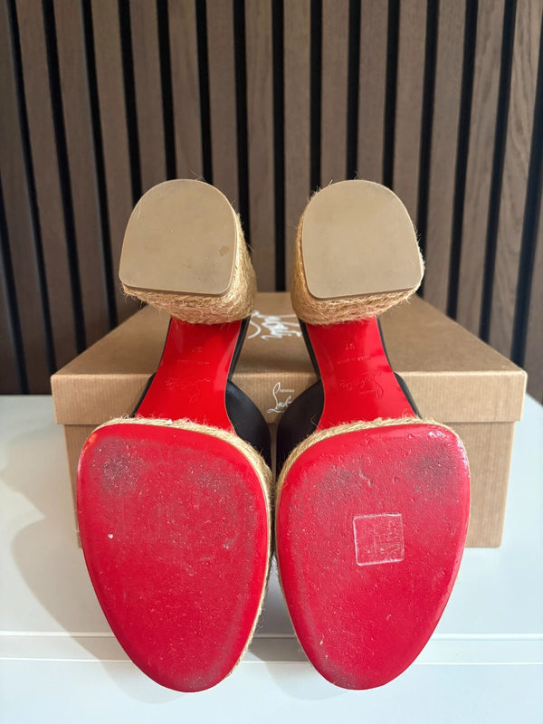 Christian Louboutin Calakala 85 Mules Black Leather Espadrille Platform Heels - Detail