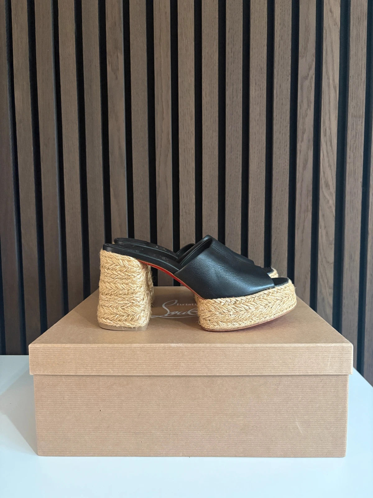 Christian Louboutin Calakala Black Christian Louboutin Calakala 85 Mules Black Leather Espadrille Platform Heels - main product view