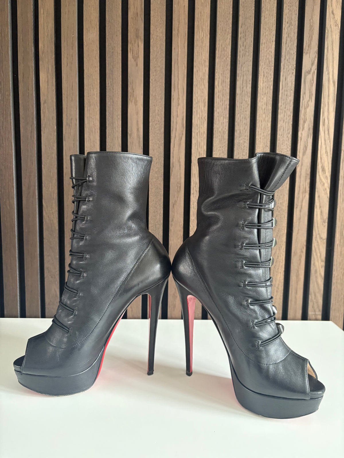 Christian Louboutin Alta Boutin 150mm heel Black Nappa Leather, pre-owned authenticated UK, side view Christian Louboutin Alta Boutin 150mm Black Nappa Leather Size EU 38 - alternate angle