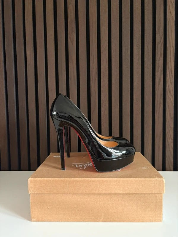 Christian Louboutin Bianca 140mm heel Black Patent Leather, pre-owned authenticated UK, heel and sole detail Christian Louboutin Bianca 140 Platform Heels Black (EU 38.5 / UK 5.5) - detail view