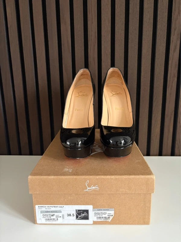 Christian Louboutin Bianca 140mm heel Black Patent Leather, pre-owned authenticated UK, side view Christian Louboutin Bianca 140 Platform Heels Black (EU 38.5 / UK 5.5) - alternate angle