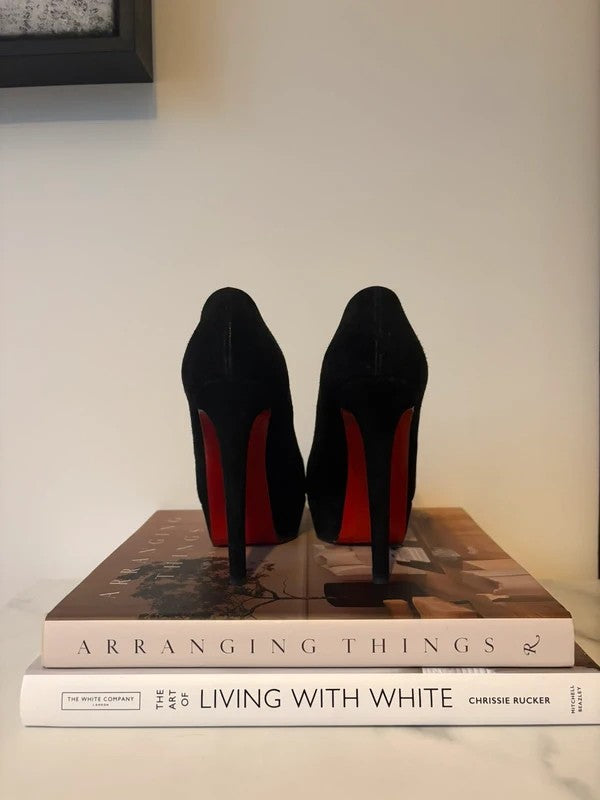 Christian Louboutin Bianca 140mm heel Black Suede, pre-owned authenticated UK, close-up detail Christian Louboutin Bianca 140 Suede Platform Heels Black (EU 35.5 / UK 2.5) - heel and construction