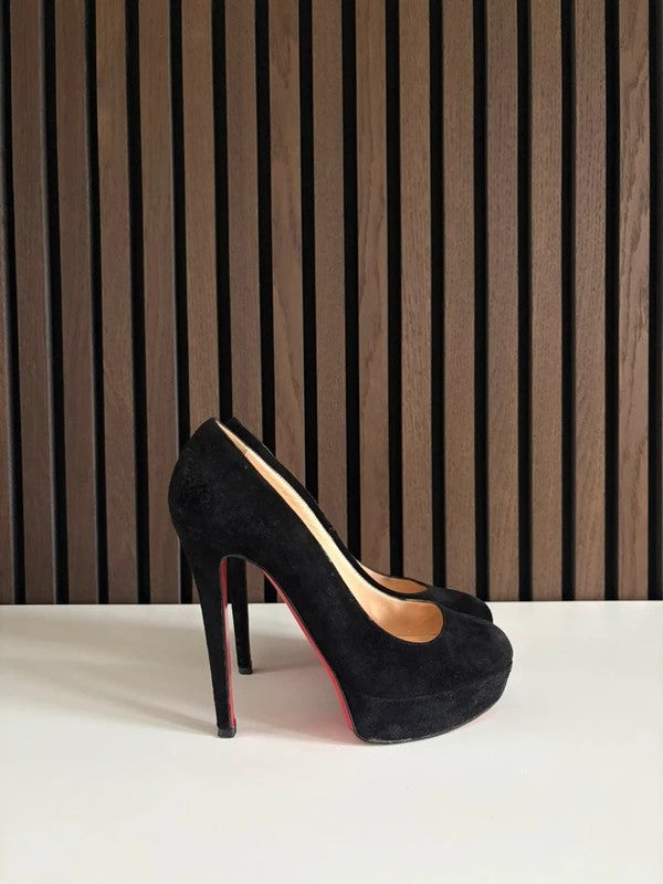 Christian Louboutin Bianca 140mm heel Black Suede, pre-owned authenticated UK, heel and sole detail Christian Louboutin Bianca 140 Suede Platform Heels Black (EU 35.5 / UK 2.5) - detail view