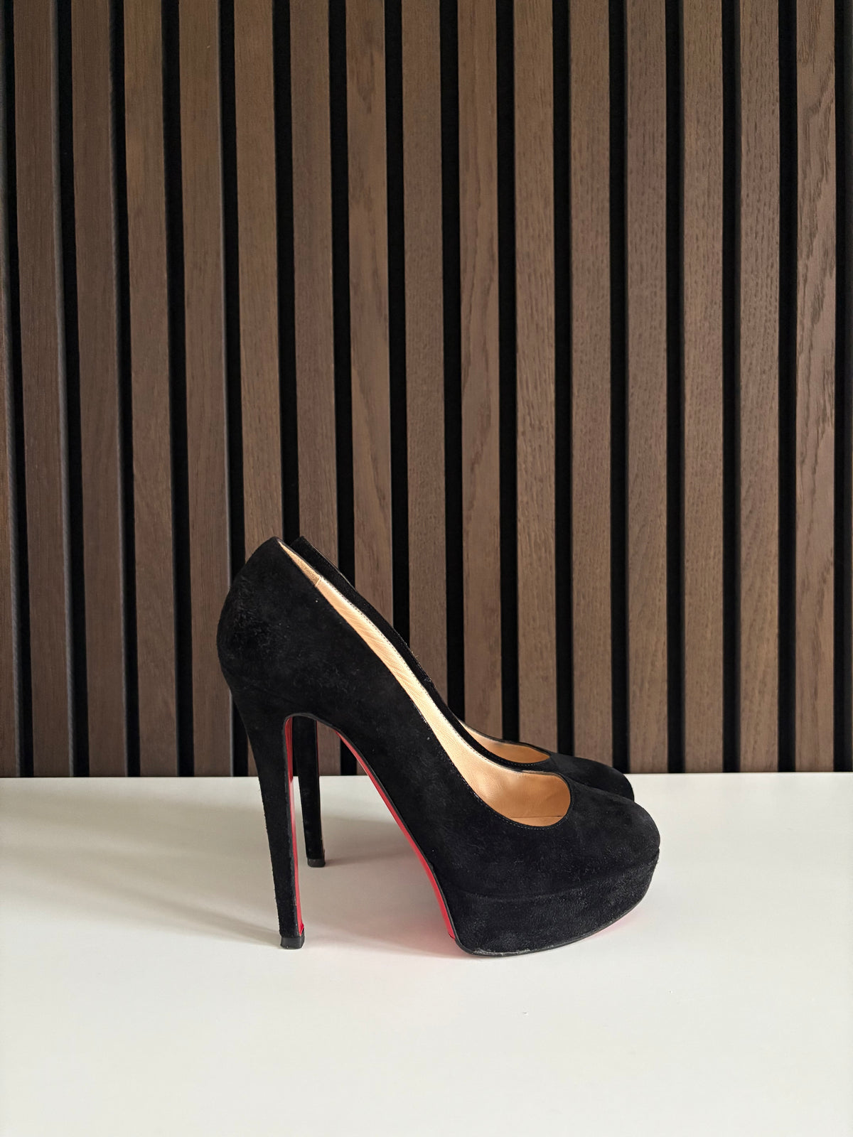Christian Louboutin Bianca 140mm heel Black Suede, pre-owned authenticated UK, side view Christian Louboutin Bianca 140mm Black Suede Size EU 35.5 - alternate angle