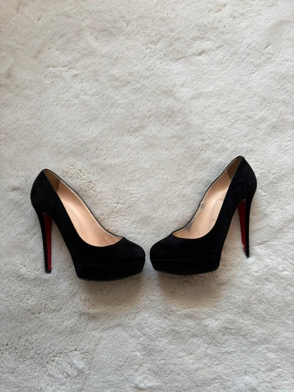 Christian Louboutin Bianca 140mm heel Black Suede, pre-owned authenticated UK, side view Christian Louboutin Bianca 140 Suede Platform Heels Black (EU 35.5 / UK 2.5) - alternate angle