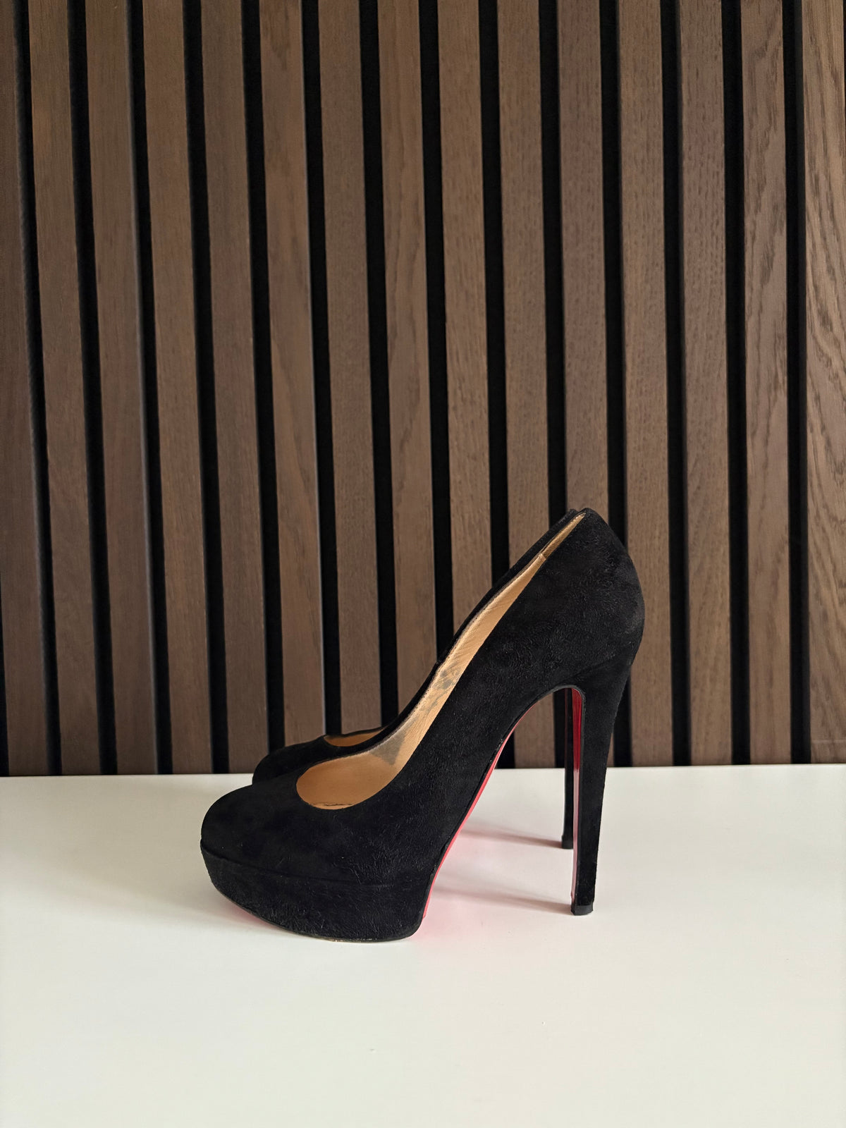 Christian Louboutin Bianca 140mm heel Black Suede, pre-owned authenticated UK Christian Louboutin Bianca 140mm Black Suede Size EU 35.5 - main product view