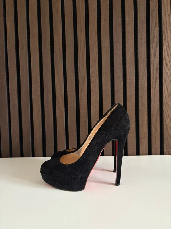 Christian Louboutin Bianca 140mm heel Black Suede, pre-owned authenticated UK Christian Louboutin Bianca 140 Suede Platform Heels Black (EU 35.5 / UK 2.5) - main product view