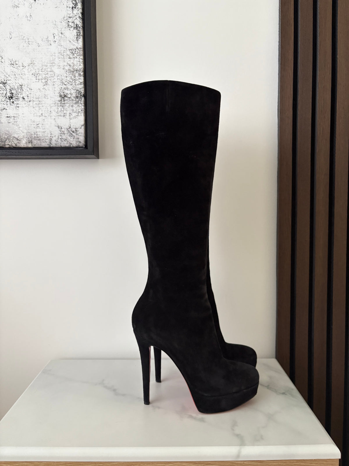 Christian Louboutin Black Suede, pre-owned authenticated UK, interior view Christian Louboutin Suede Knee High Boots Black | EU 37.5 / UK4.5 - red sole detail