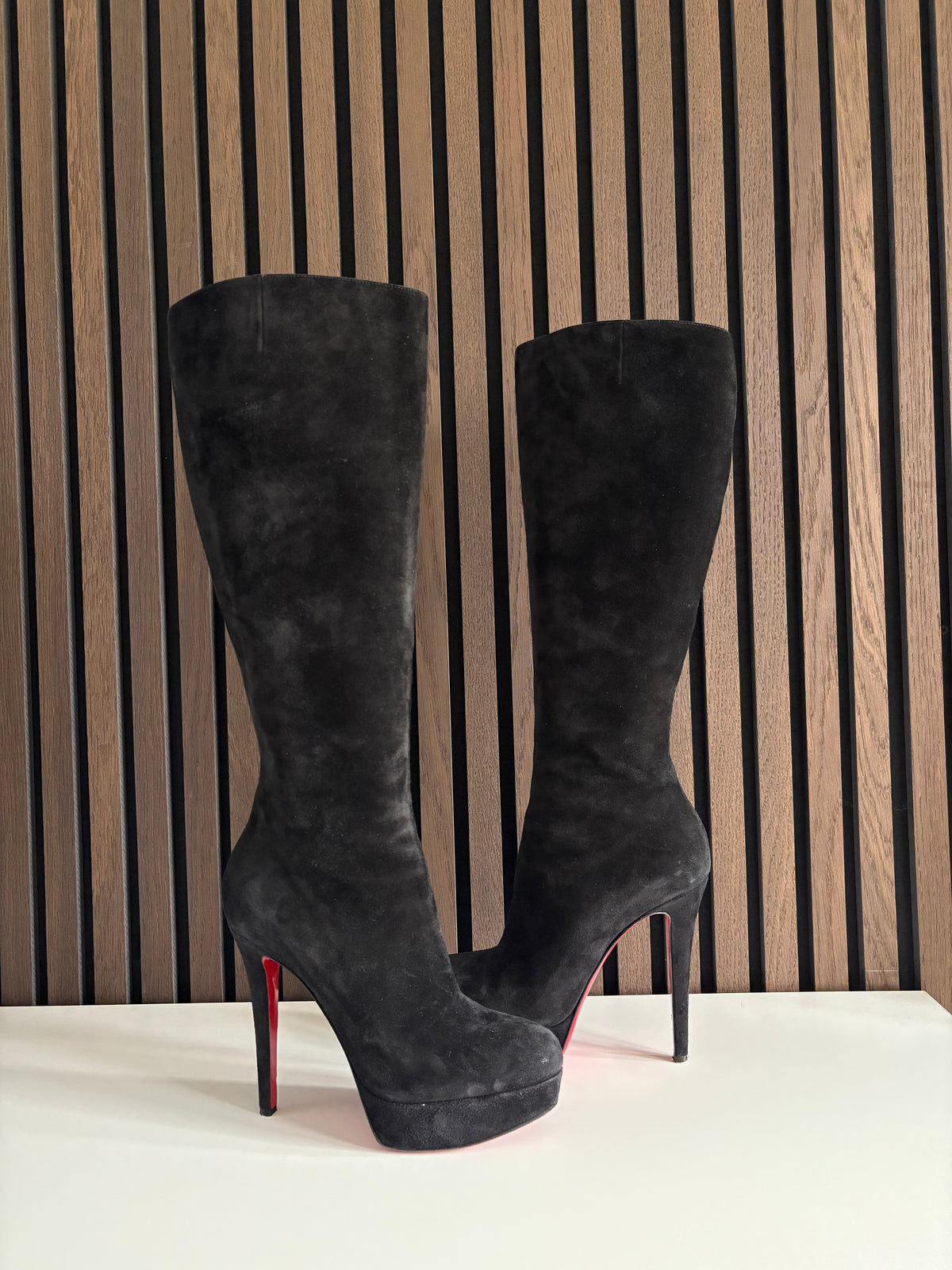 Christian Louboutin Black Suede, pre-owned authenticated UK, side view Christian Louboutin Suede Knee High Boots Black | EU 37.5 / UK4.5 - alternate angle