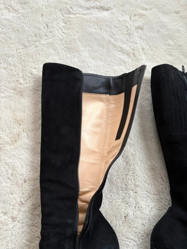 Christian Louboutin Botta 100mm heel Black Suede, pre-owned authenticated UK, close-up detail Christian Louboutin Suede Botta Knee High Boots Black (EU 36 / UK 3) - heel and construction