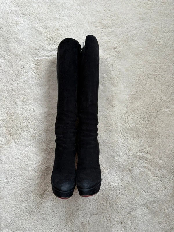 Christian Louboutin Botta 100mm heel Black Suede, pre-owned authenticated UK, heel and sole detail Christian Louboutin Suede Botta Knee High Boots Black (EU 36 / UK 3) - detail view