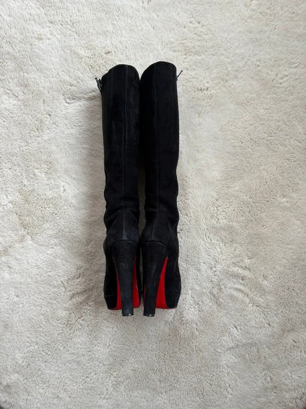 Christian Louboutin Botta 100mm heel Black Suede, pre-owned authenticated UK, interior view Christian Louboutin Suede Botta Knee High Boots Black (EU 36 / UK 3) - red sole detail
