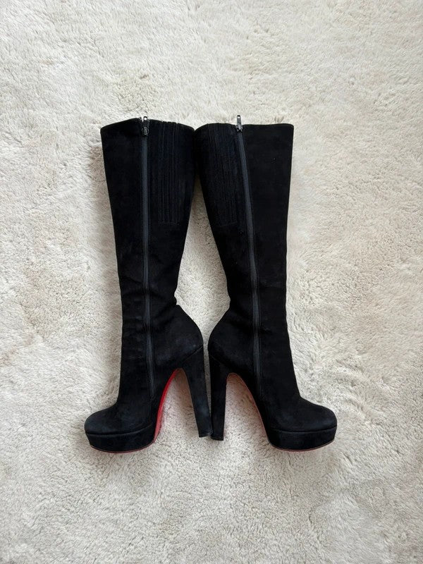 Christian Louboutin Botta 100mm heel Black Suede, pre-owned authenticated UK, side view Christian Louboutin Suede Botta Knee High Boots Black (EU 36 / UK 3) - alternate angle