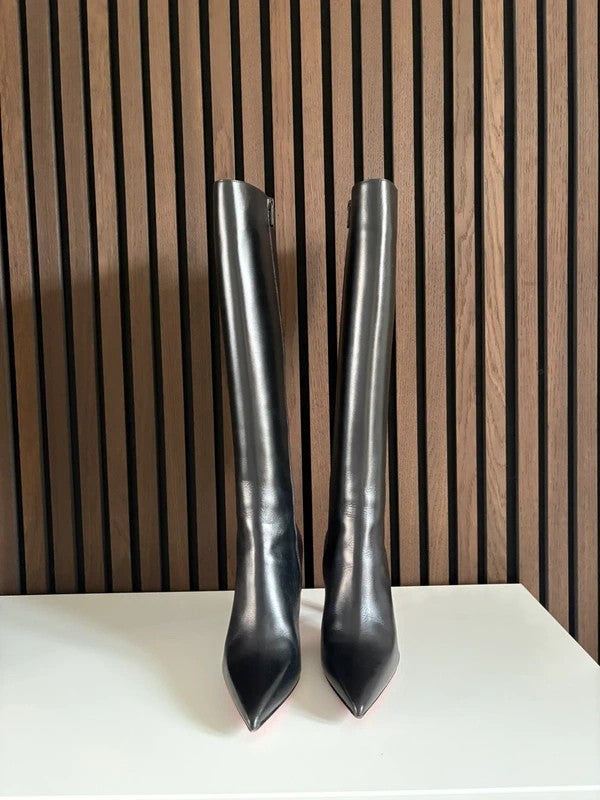 Christian Louboutin Botta 85mm heel Black Leather, pre-owned authenticated UK, close-up detail Christian Louboutin Condora Botta 85 Black Leather Knee High Boots (EU 38 / UK 5) - heel and construction