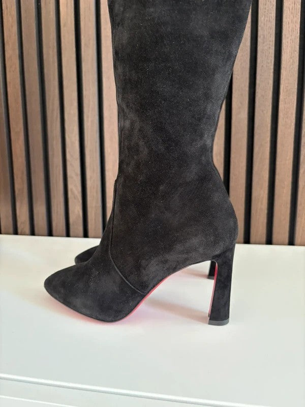 Christian Louboutin Botta 85mm heel Black Suede, pre-owned authenticated UK, close-up detail Christian Louboutin Botta 85 Suede Black Boots (EU 36 / UK 3) - heel and construction