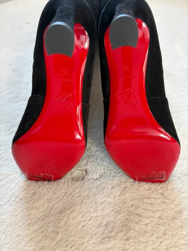 Christian Louboutin Botta 85mm heel Black Suede, pre-owned authenticated UK, heel and sole detail Christian Louboutin Botta 85 Suede Black Boots (EU 36 / UK 3) - detail view