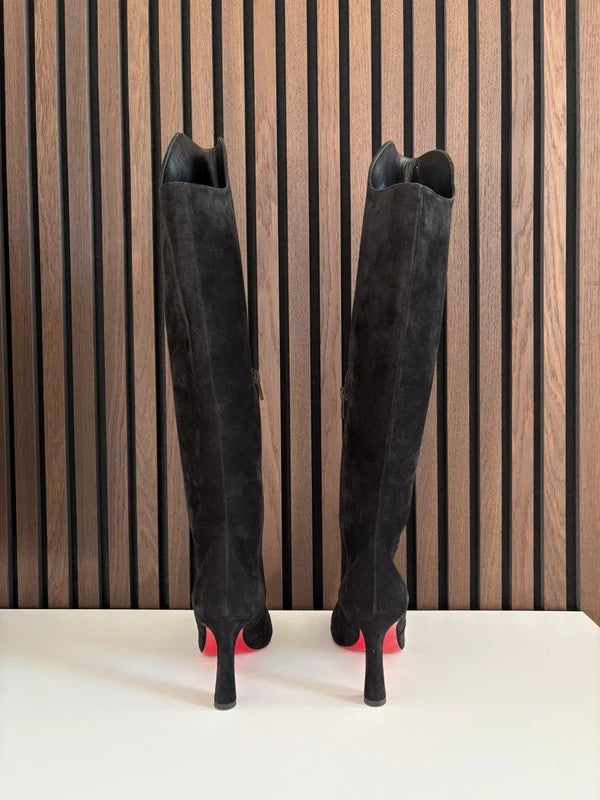 Christian Louboutin Botta 85mm heel Black Suede, pre-owned authenticated UK, interior view Christian Louboutin Botta 85 Suede Black Boots (EU 36 / UK 3) - red sole detail