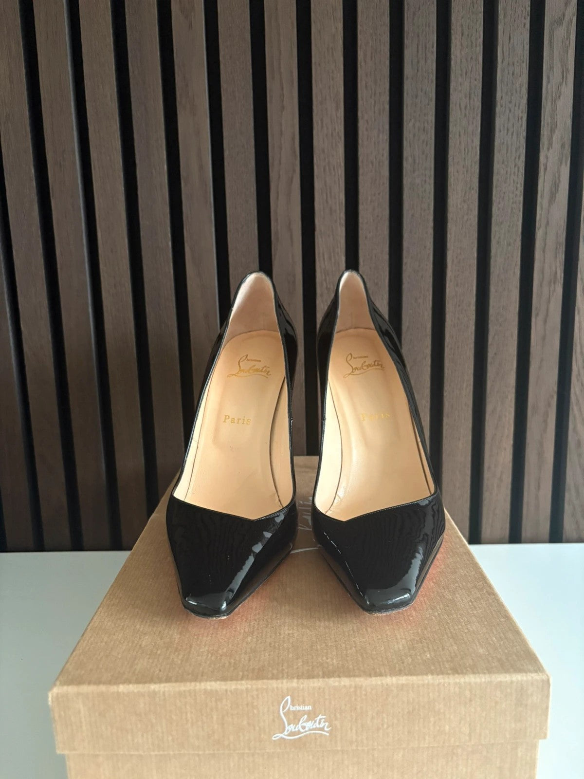 Christian Louboutin Court 100 Patent Leather Black - Side Profile Christian Louboutin Court 100 Patent Leather Black Heels (EU 41 / UK 8) - alternate angle