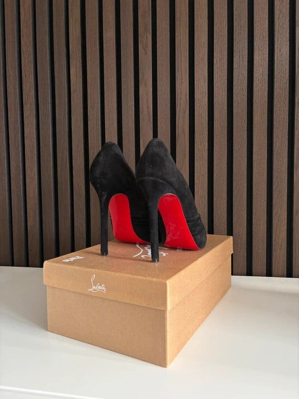 Christian Louboutin Drapadita 100mm heel Black Suede, pre-owned authenticated UK, close-up detail Christian Louboutin Drapadita Suede Peep Toe Heels (EU 36 / UK 3) - heel and construction