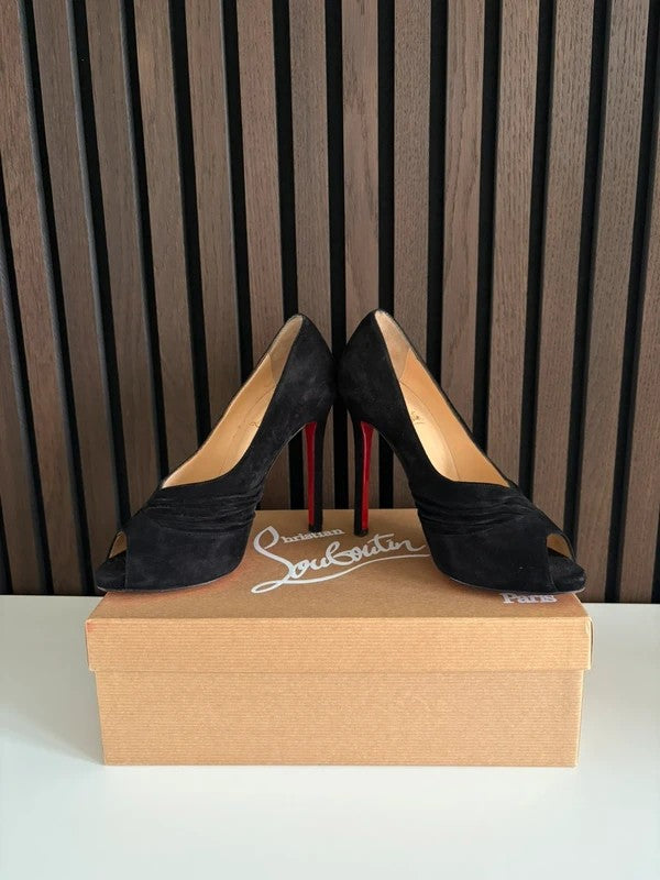 Christian Louboutin Drapadita 100mm heel Black Suede, pre-owned authenticated UK, heel and sole detail Christian Louboutin Drapadita Suede Peep Toe Heels (EU 36 / UK 3) - detail view