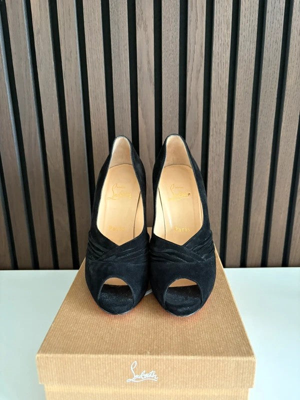 Christian Louboutin Drapadita 100mm heel Black Suede, pre-owned authenticated UK, interior view Christian Louboutin Drapadita Suede Peep Toe Heels (EU 36 / UK 3) - red sole detail