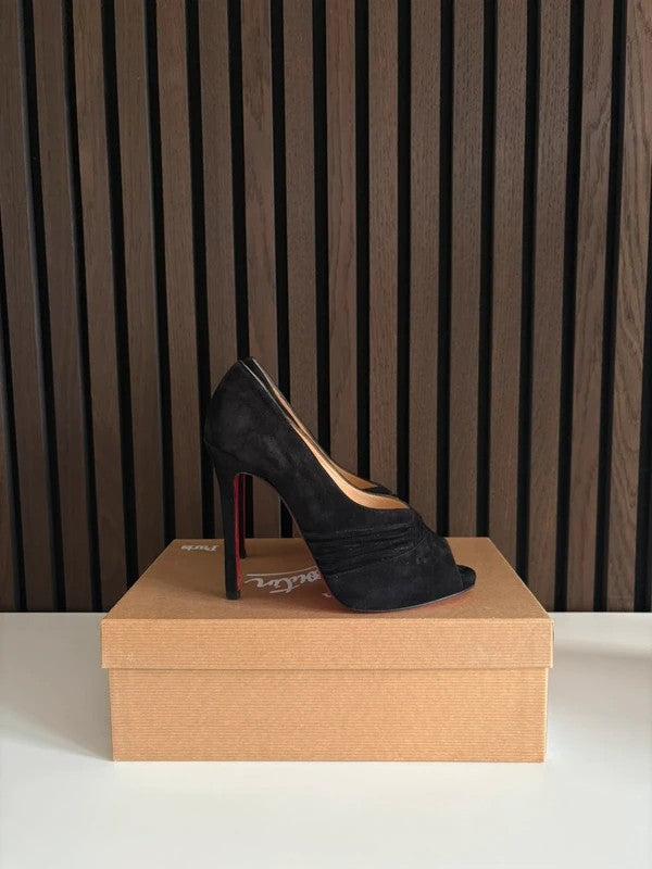 Christian Louboutin Drapadita 100mm heel Black Suede, pre-owned authenticated UK, side view Christian Louboutin Drapadita Suede Peep Toe Heels (EU 36 / UK 3) - alternate angle