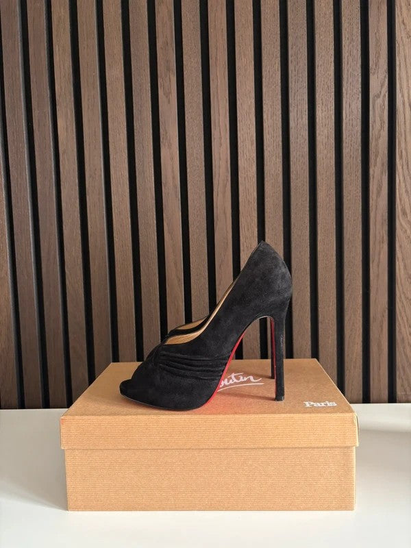Christian Louboutin Drapadita 100mm heel Black Suede, pre-owned authenticated UK Christian Louboutin Drapadita Suede Peep Toe Heels (EU 36 / UK 3) - main product view
