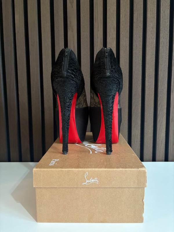 Christian Louboutin Satin Lace Chantilly Astrakan 160 Heels - Detail