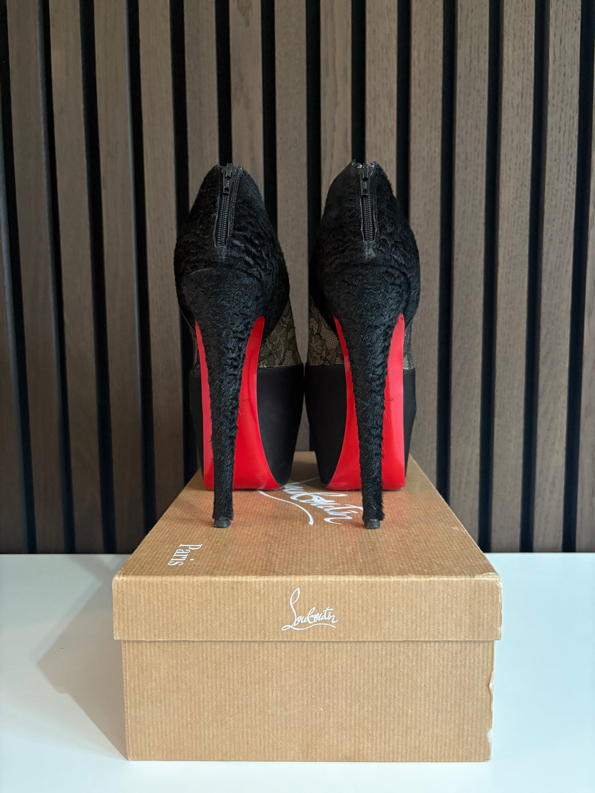 Christian Louboutin Green Fabric, pre-owned authenticated UK, side view Christian Louboutin Satin Lace Chantilly Astrakan 160 Heels - alternate angle