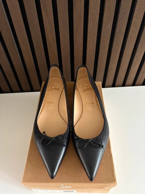 Christian Louboutin Hall Flat 100mm heel Black Leather, pre-owned authenticated UK, heel and sole detail Christian Louboutin Hall Flat Nappa Black Leather Spikes (EU 38 / UK 5) - detail view