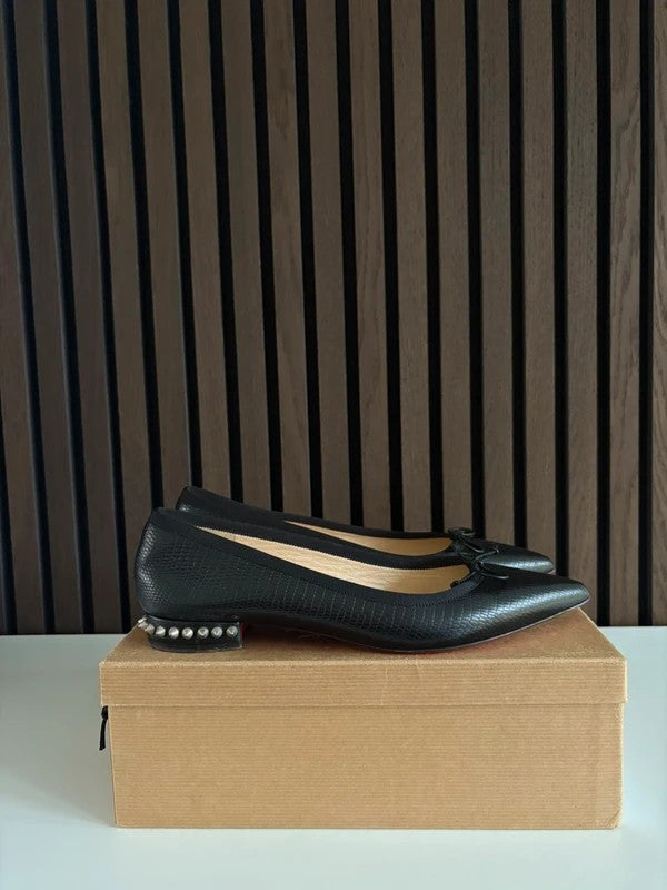 Christian Louboutin Hall Flat 100mm heel Black Leather, pre-owned authenticated UK, side view Christian Louboutin Hall Flat Nappa Black Leather Spikes (EU 38 / UK 5) - alternate angle