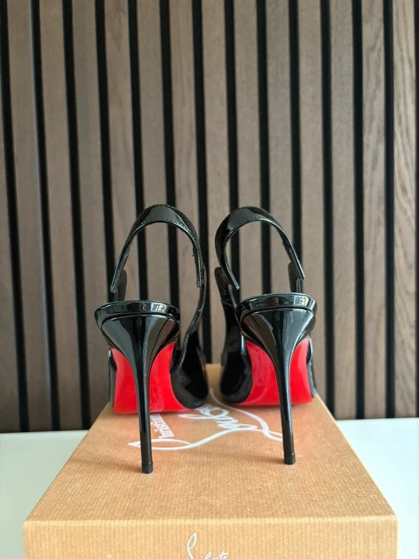 Christian Louboutin Hot Chick 100mm heel Black Patent Leather, pre-owned authenticated UK, close-up detail Christian Louboutin Hot Chick Sling Black Patent Leather Heels (EU 37 / UK 4) - heel and construction