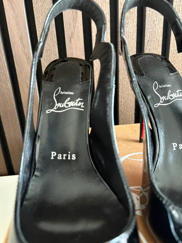 Christian Louboutin Hot Chick 100mm heel Black Patent Leather, pre-owned authenticated UK, heel and sole detail Christian Louboutin Hot Chick Sling Black Patent Leather Heels (EU 37 / UK 4) - detail view