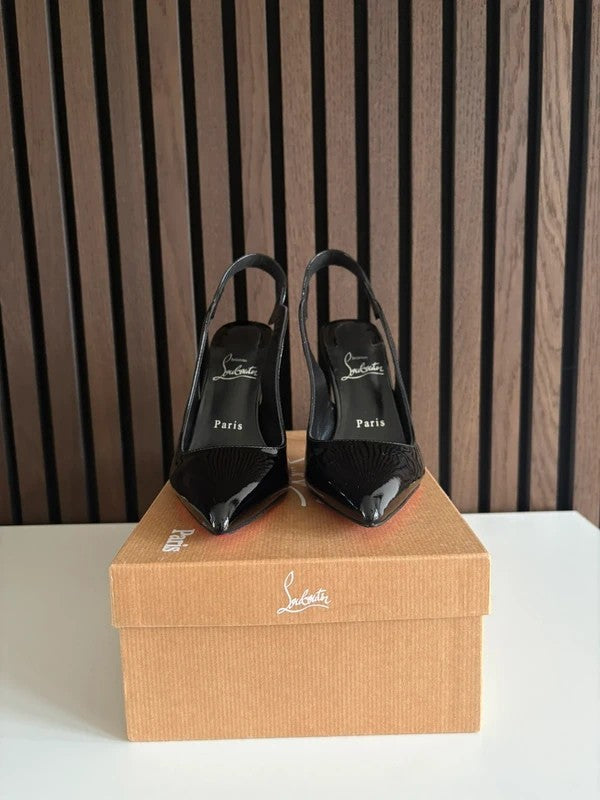 Christian Louboutin Hot Chick 100mm heel Black Patent Leather, pre-owned authenticated UK, interior view Christian Louboutin Hot Chick Sling Black Patent Leather Heels (EU 37 / UK 4) - red sole detail
