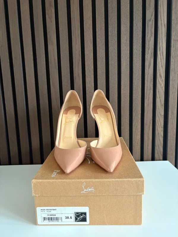 Christian Louboutin Iriza 100mm heel Apricot Patent Leather, pre-owned authenticated UK, close-up detail Christian Louboutin Iriza 100 Patent Leather Heels Nude (EU 38.5 / UK 5.5) - heel and construction