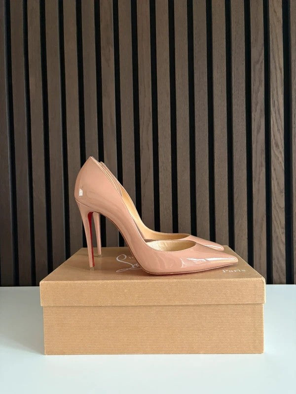 Christian Louboutin Iriza 100mm heel Apricot Patent Leather, pre-owned authenticated UK, heel and sole detail Christian Louboutin Iriza 100 Patent Leather Heels Nude (EU 38.5 / UK 5.5) - detail view