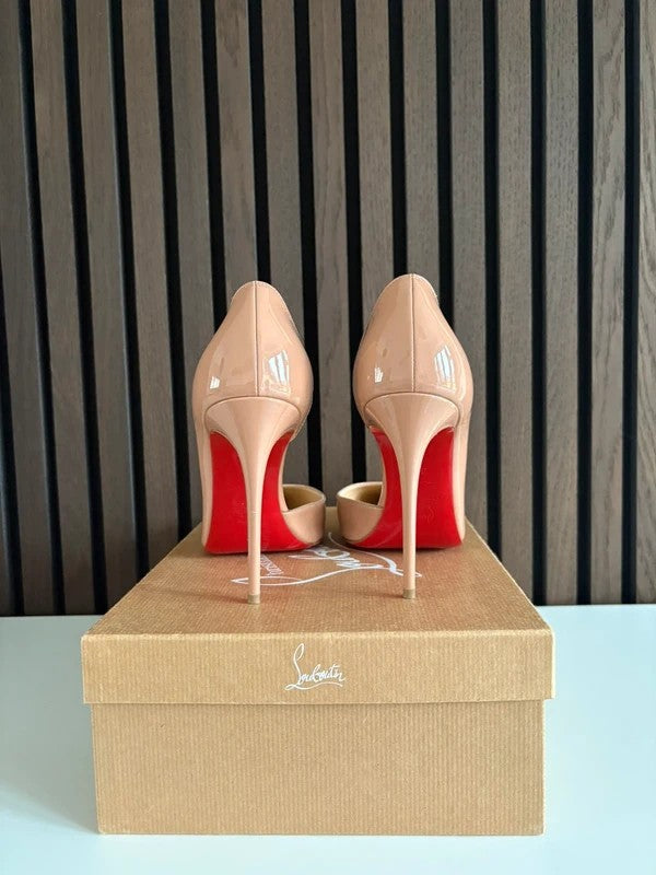 Christian Louboutin Iriza 100mm heel Apricot Patent Leather, pre-owned authenticated UK, side view Christian Louboutin Iriza 100 Patent Leather Heels Nude (EU 38.5 / UK 5.5) - alternate angle