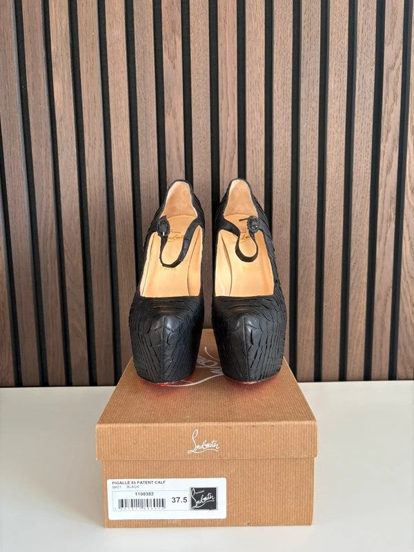 Christian Louboutin Lady Daf 100mm heel Black Leather, pre-owned authenticated UK, heel and sole detail Christian Louboutin Lady Daf Mary Jane Platform Heels Python Leather (EU 39.5 / UK 6.5) - detail view