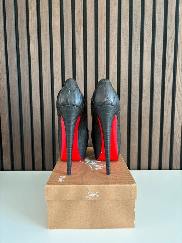 Christian Louboutin Lady Daf 100mm heel Black Leather, pre-owned authenticated UK, interior view Christian Louboutin Lady Daf Mary Jane Platform Heels Python Leather (EU 39.5 / UK 6.5) - red sole detail