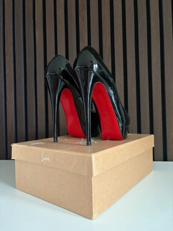 Christian Louboutin Lady Peep 150mm heel Black Patent Leather, pre-owned authenticated UK, heel and sole detail Christian Louboutin Lady Peep 150 Leather Black Heels (EU 38.5 / UK 5.5) - detail view