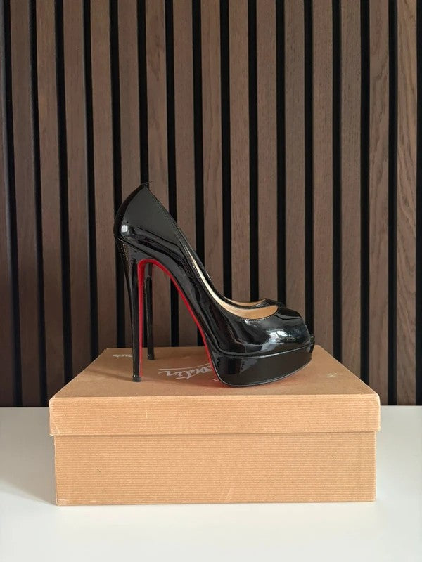 Christian Louboutin Lady Peep 150mm heel Black Patent Leather, pre-owned authenticated UK, interior view Christian Louboutin Lady Peep 150 Leather Black Heels (EU 38.5 / UK 5.5) - red sole detail