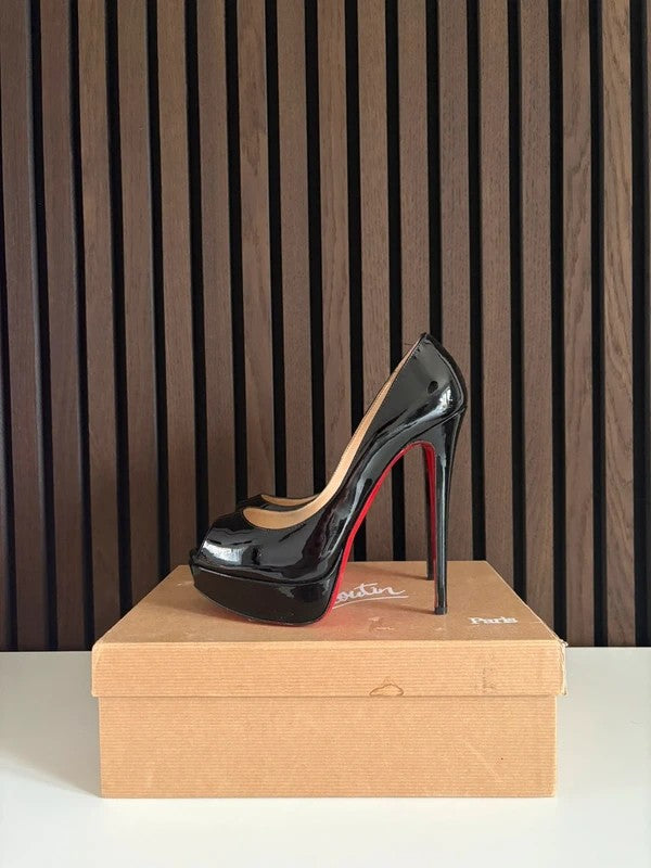 Christian Louboutin Lady Peep 150mm heel Black Patent Leather, pre-owned authenticated UK Christian Louboutin Lady Peep 150 Leather Black Heels (EU 38.5 / UK 5.5) - main product view