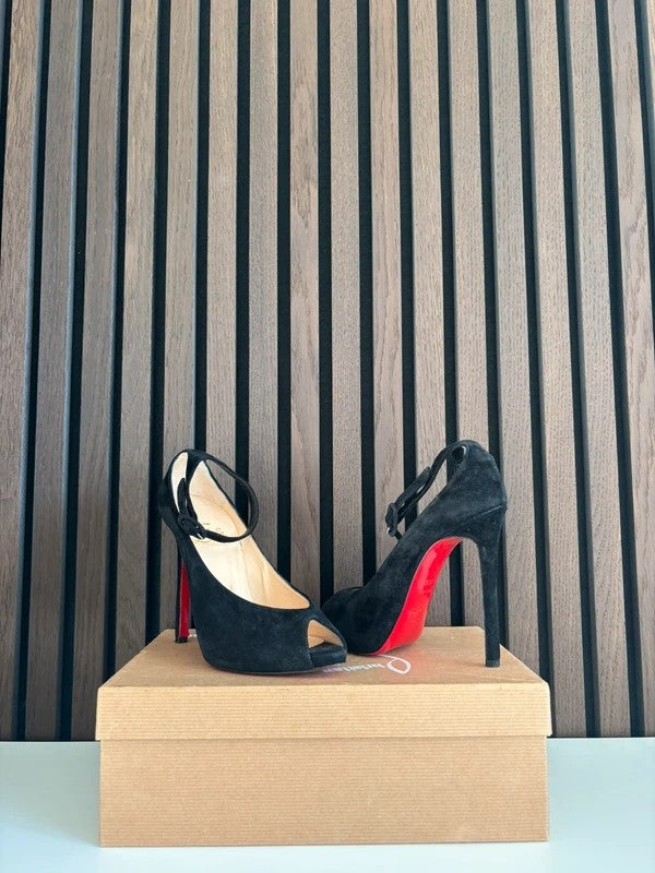 Christian Louboutin Mascaralta 100mm heel Black Suede, pre-owned authenticated UK, close-up detail Christian Louboutin Mascaralta Suede Ankle Strap Black (EU 36.5 / UK 3.5) - heel and construction
